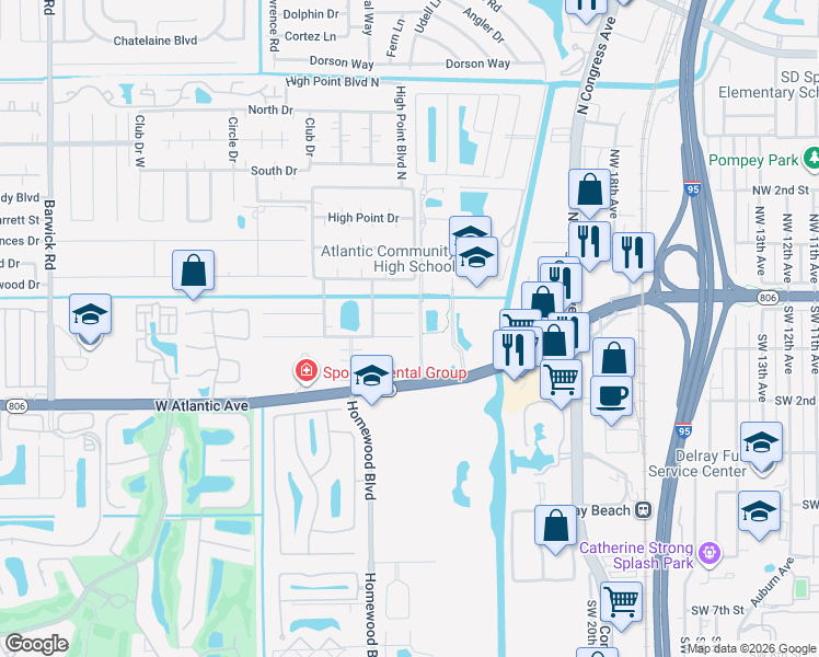 map of restaurants, bars, coffee shops, grocery stores, and more near 195 High Point Terrace East in Delray Beach