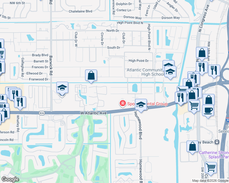 map of restaurants, bars, coffee shops, grocery stores, and more near 222 West High Point Terrace in Delray Beach