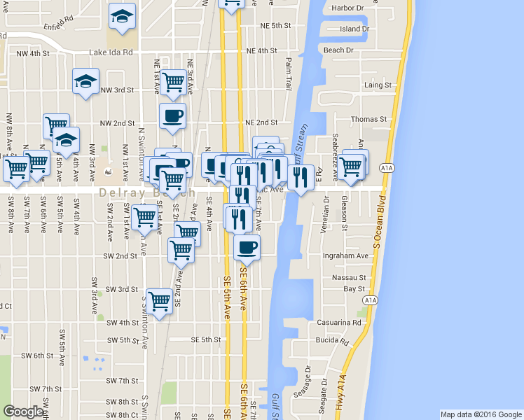 map of restaurants, bars, coffee shops, grocery stores, and more near 707 Southeast 1st Street in Delray Beach