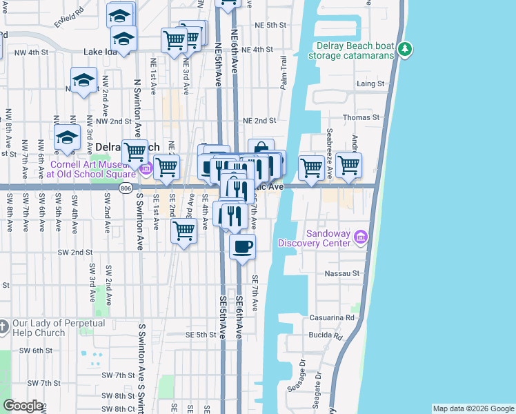 map of restaurants, bars, coffee shops, grocery stores, and more near 45 Southeast 7th Avenue in Delray Beach