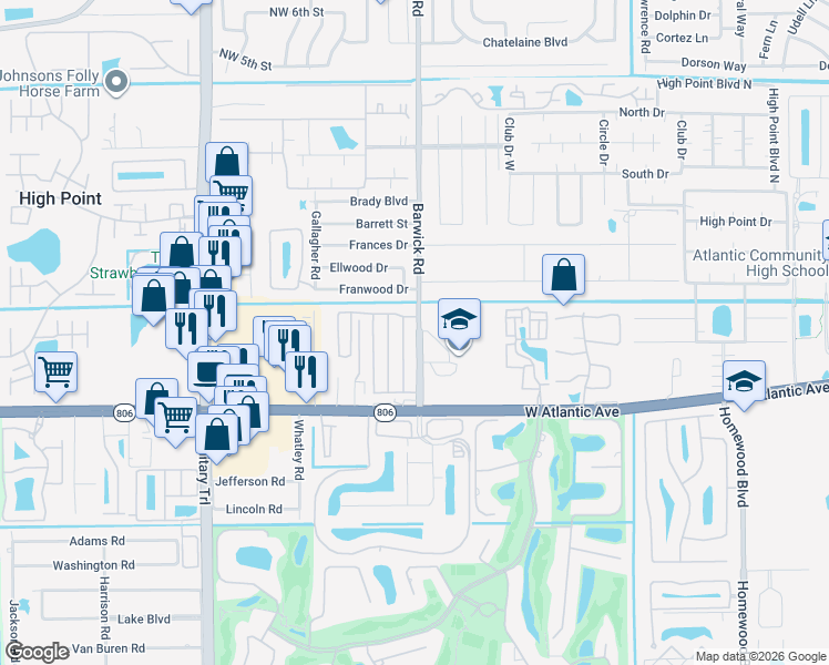map of restaurants, bars, coffee shops, grocery stores, and more near 14599 Elmhurst Drive in Delray Beach