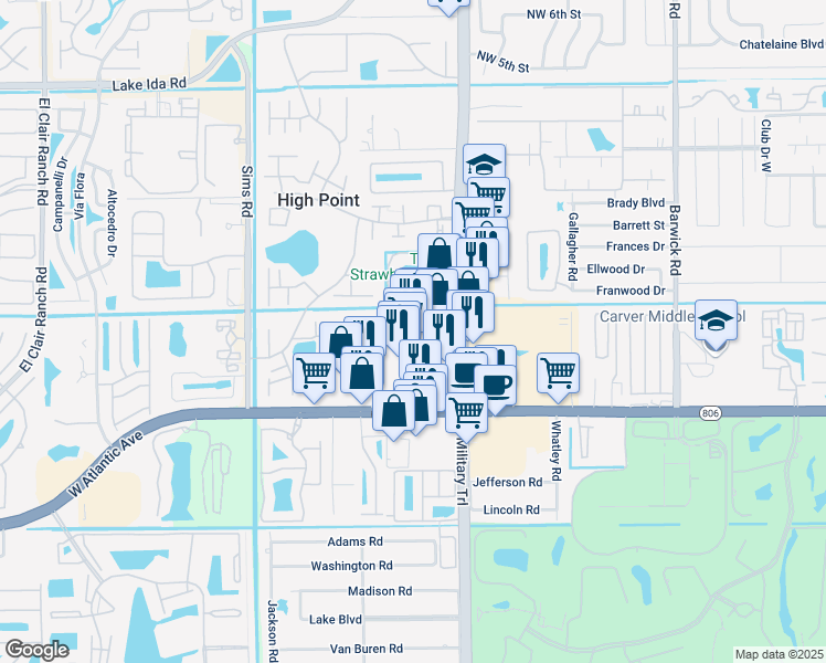 map of restaurants, bars, coffee shops, grocery stores, and more near 14535 South Military Trail in Delray Beach
