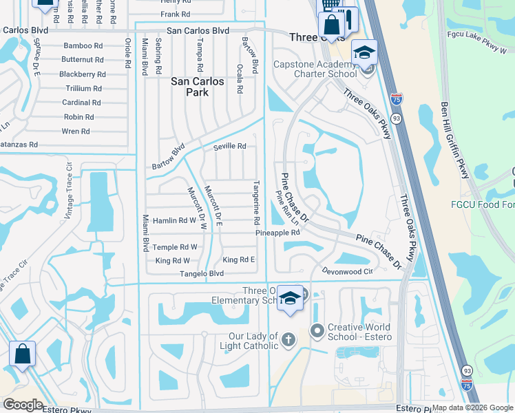 map of restaurants, bars, coffee shops, grocery stores, and more near 19111 Tangerine Road in Fort Myers