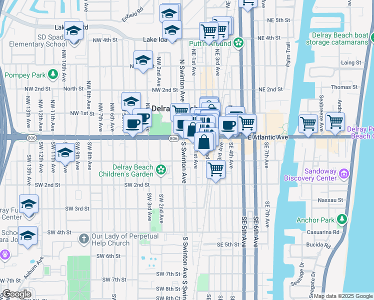 map of restaurants, bars, coffee shops, grocery stores, and more near 45 South Swinton Avenue in Delray Beach