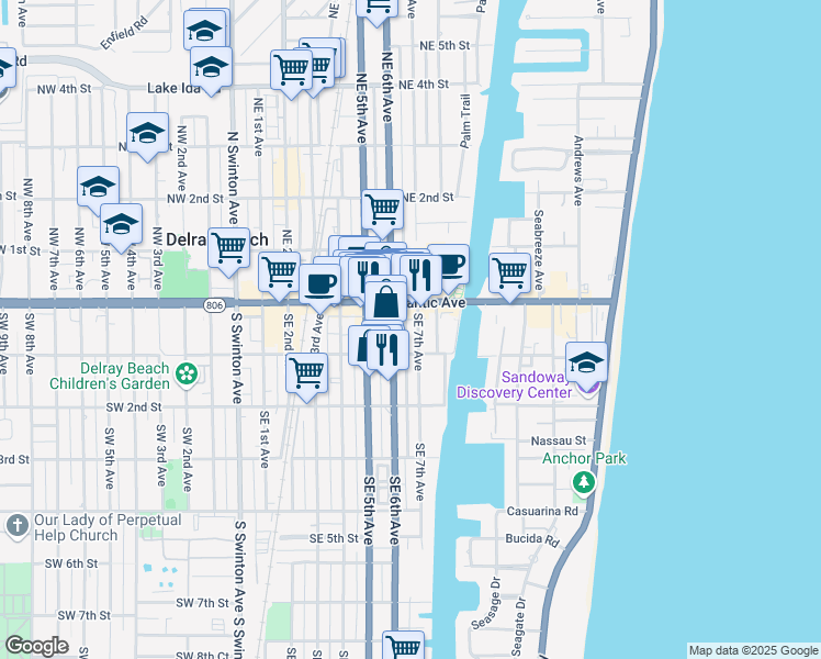map of restaurants, bars, coffee shops, grocery stores, and more near 98 Florida 5 in Delray Beach