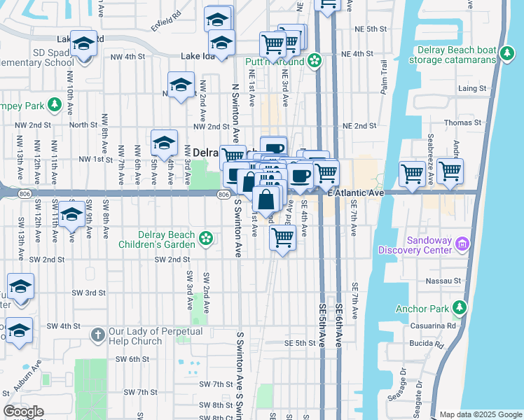 map of restaurants, bars, coffee shops, grocery stores, and more near 42 Southeast 2nd Avenue in Delray Beach