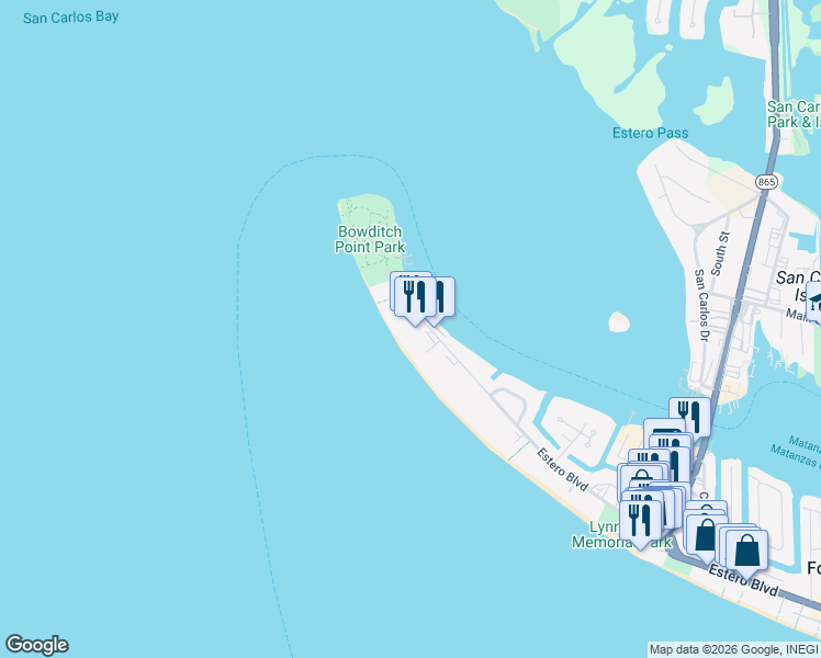 map of restaurants, bars, coffee shops, grocery stores, and more near 200 Estero Boulevard in Fort Myers Beach