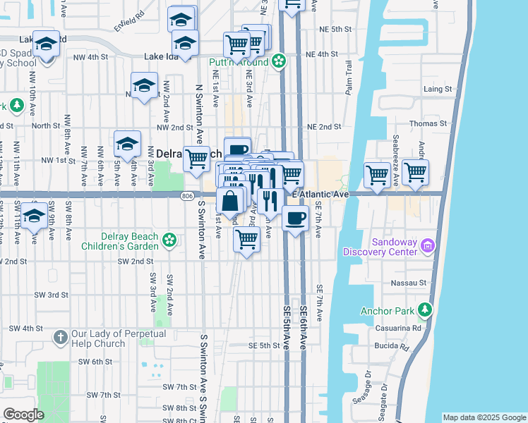 map of restaurants, bars, coffee shops, grocery stores, and more near 252-326 Southeast 1st Street in Delray Beach