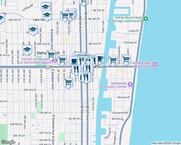 map of restaurants, bars, coffee shops, grocery stores, and more near 98 Florida 5 in Delray Beach