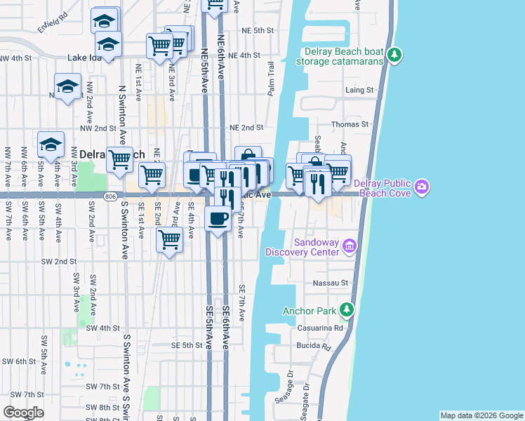 map of restaurants, bars, coffee shops, grocery stores, and more near 898 East Atlantic Avenue in Delray Beach