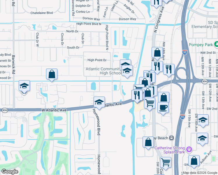 map of restaurants, bars, coffee shops, grocery stores, and more near 200 East High Point Court in Delray Beach