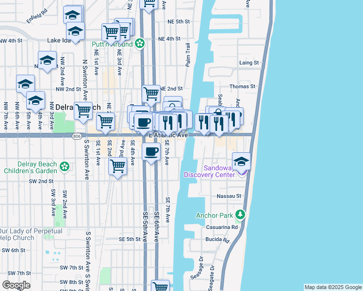 map of restaurants, bars, coffee shops, grocery stores, and more near 898 East Atlantic Avenue in Delray Beach