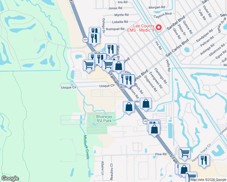 map of restaurants, bars, coffee shops, grocery stores, and more near 19190 South Tamiami Trail in Fort Myers