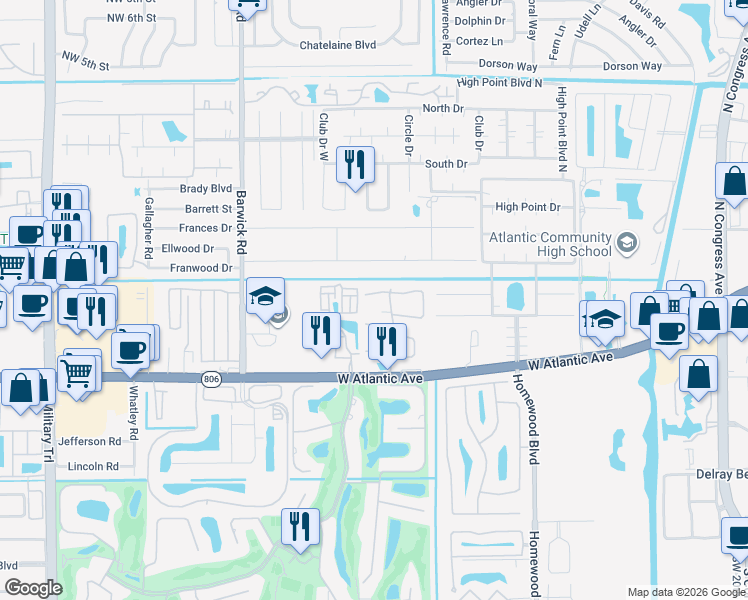 map of restaurants, bars, coffee shops, grocery stores, and more near 4134 Northwest 2nd Lane in Delray Beach