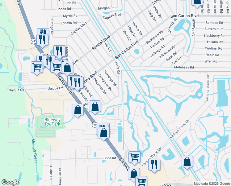 map of restaurants, bars, coffee shops, grocery stores, and more near 19117 Holly Road in Fort Myers
