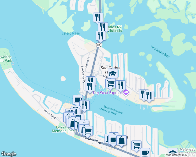map of restaurants, bars, coffee shops, grocery stores, and more near 1122 Main Street in Fort Myers Beach