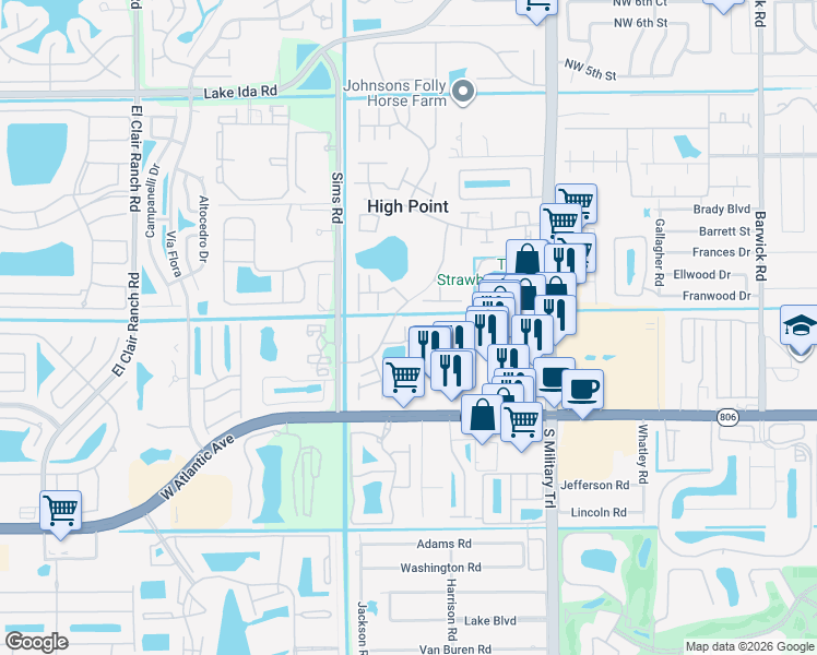 map of restaurants, bars, coffee shops, grocery stores, and more near 14519 Canalview Drive in Delray Beach