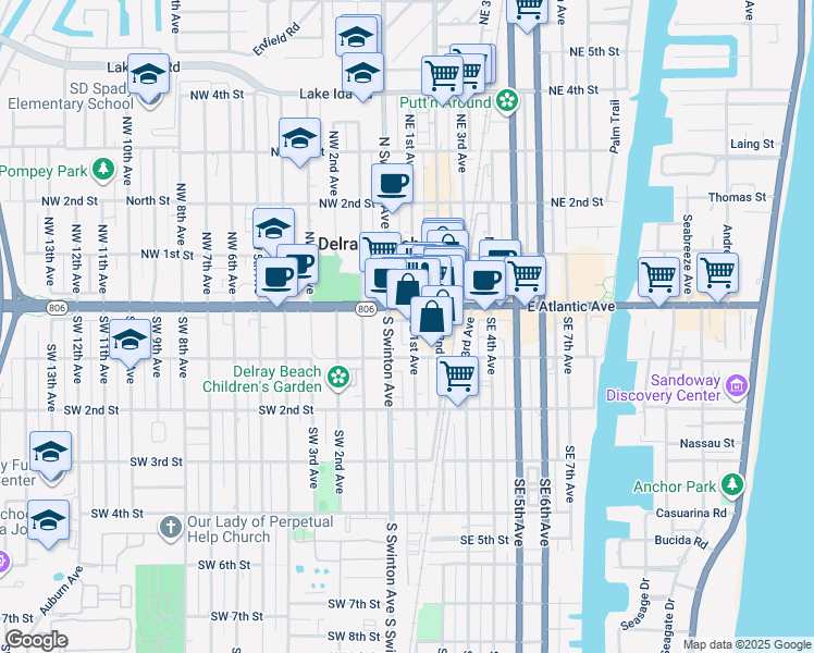 map of restaurants, bars, coffee shops, grocery stores, and more near in Delray Beach