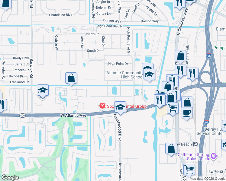 map of restaurants, bars, coffee shops, grocery stores, and more near 195 High Point Terrace East in Delray Beach