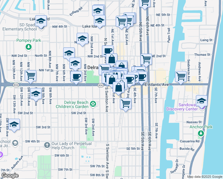 map of restaurants, bars, coffee shops, grocery stores, and more near 12 Southeast 1st Avenue in Delray Beach