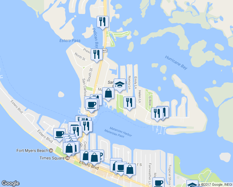 map of restaurants, bars, coffee shops, grocery stores, and more near 33908 Sea Side Drive in Fort Myers Beach