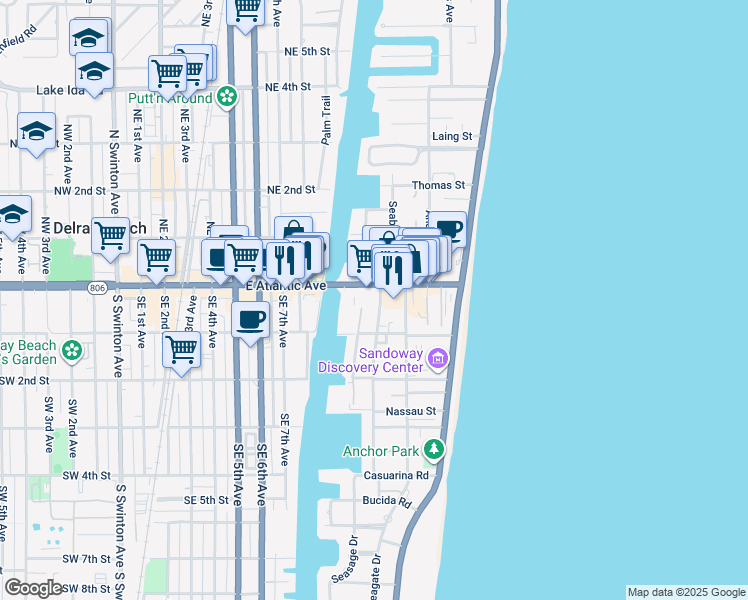 map of restaurants, bars, coffee shops, grocery stores, and more near 900 East Atlantic Avenue in Delray Beach