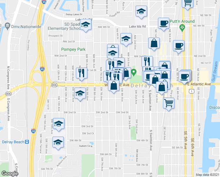map of restaurants, bars, coffee shops, grocery stores, and more near 530 West Atlantic Avenue in Delray Beach