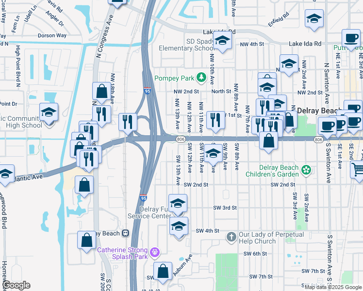 map of restaurants, bars, coffee shops, grocery stores, and more near 14 Southwest 13th Avenue in Delray Beach