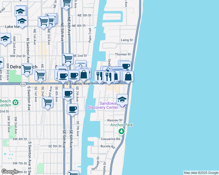 map of restaurants, bars, coffee shops, grocery stores, and more near 1000 East Atlantic Avenue in Delray Beach