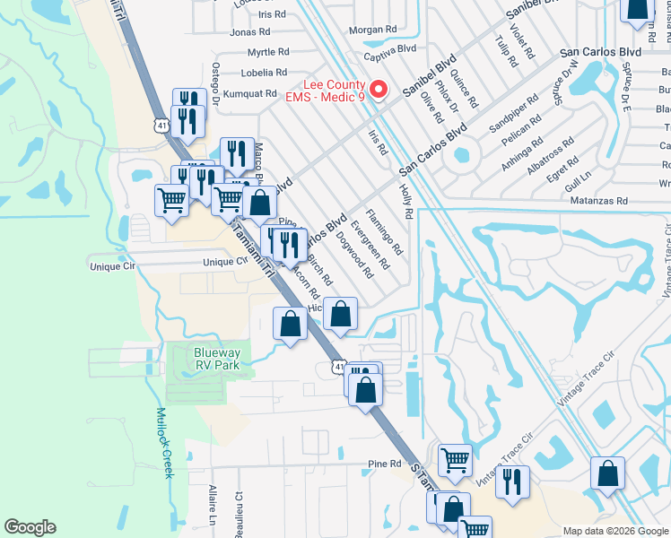 map of restaurants, bars, coffee shops, grocery stores, and more near 19109 Coconut Road in Fort Myers
