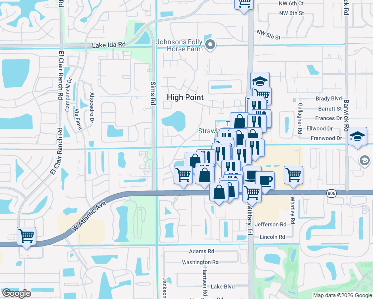 map of restaurants, bars, coffee shops, grocery stores, and more near 14492 Canalview Drive in Delray Beach
