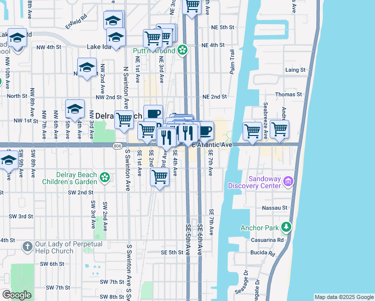map of restaurants, bars, coffee shops, grocery stores, and more near 424 East Atlantic Avenue in Delray Beach