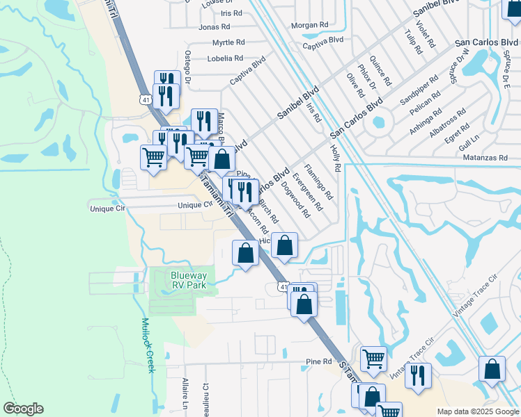map of restaurants, bars, coffee shops, grocery stores, and more near 19102 Birch Road in Fort Myers