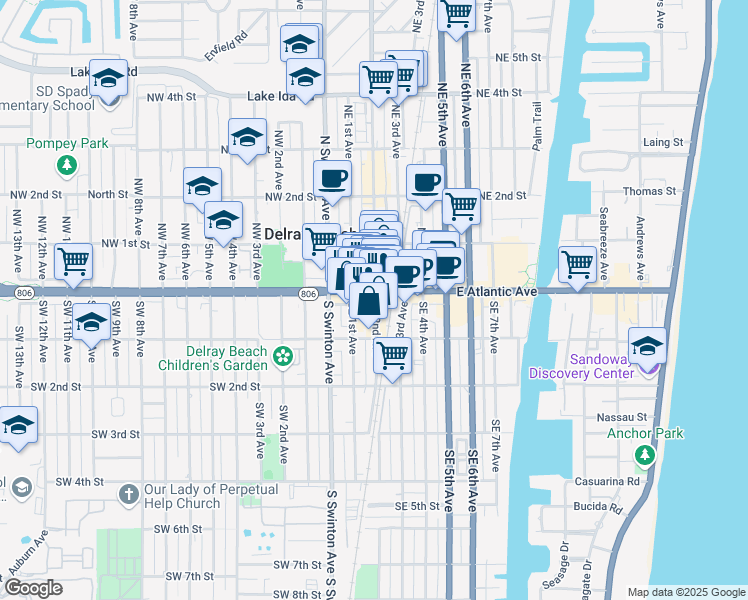 map of restaurants, bars, coffee shops, grocery stores, and more near 32 Southeast 2nd Avenue in Delray Beach