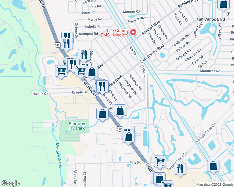 map of restaurants, bars, coffee shops, grocery stores, and more near 19109 Coconut Road in Fort Myers