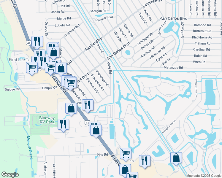 map of restaurants, bars, coffee shops, grocery stores, and more near 19117 Holly Road in Fort Myers