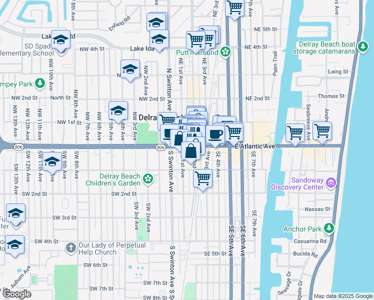 map of restaurants, bars, coffee shops, grocery stores, and more near 119 East Atlantic Avenue in Delray Beach