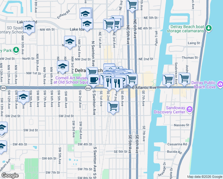 map of restaurants, bars, coffee shops, grocery stores, and more near 258 East Atlantic Avenue in Delray Beach