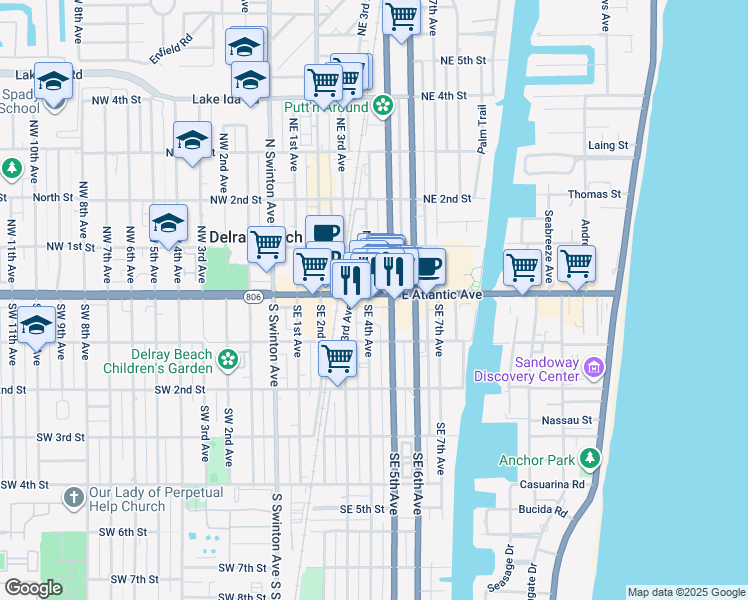 map of restaurants, bars, coffee shops, grocery stores, and more near 424 East Atlantic Avenue in Delray Beach