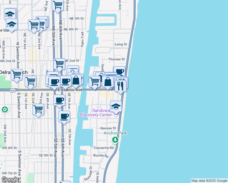 map of restaurants, bars, coffee shops, grocery stores, and more near 1216 East Atlantic Avenue in Delray Beach