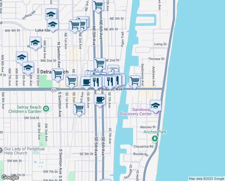 map of restaurants, bars, coffee shops, grocery stores, and more near 770 East Atlantic Avenue in Delray Beach