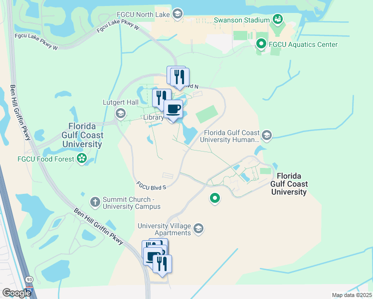 map of restaurants, bars, coffee shops, grocery stores, and more near 10501 FGCU Boulevard South in Fort Myers