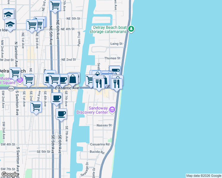map of restaurants, bars, coffee shops, grocery stores, and more near 1216 East Atlantic Avenue in Delray Beach