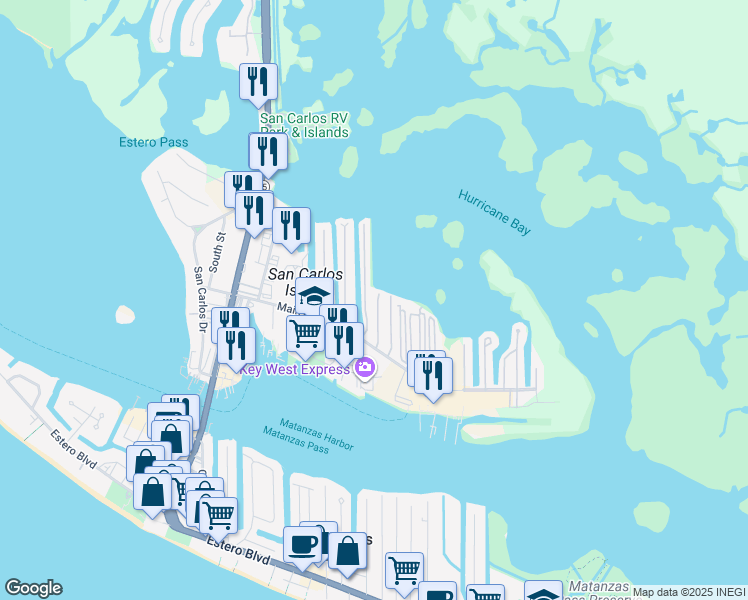 map of restaurants, bars, coffee shops, grocery stores, and more near 21 Helen Ln in Fort Myers Beach