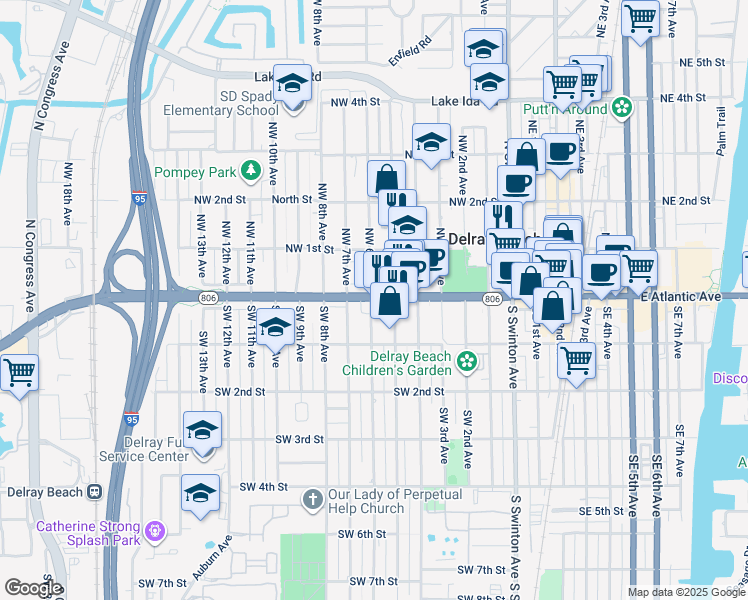 map of restaurants, bars, coffee shops, grocery stores, and more near 530 West Atlantic Avenue in Delray Beach