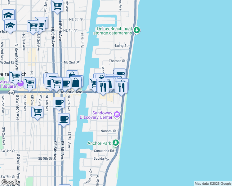 map of restaurants, bars, coffee shops, grocery stores, and more near 1216 East Atlantic Avenue in Delray Beach