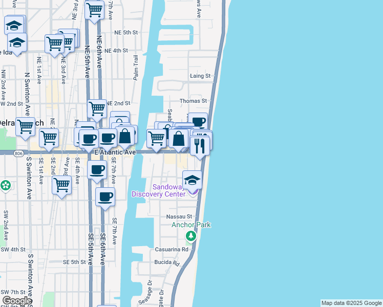 map of restaurants, bars, coffee shops, grocery stores, and more near 1216 East Atlantic Avenue in Delray Beach