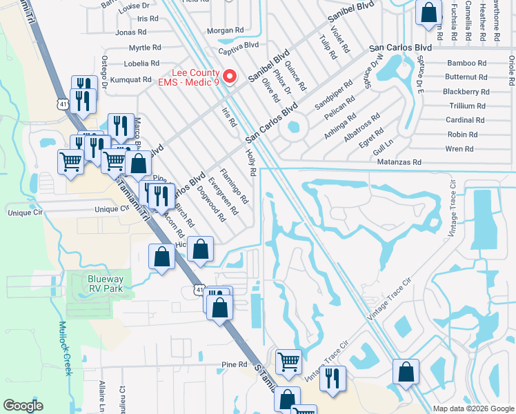 map of restaurants, bars, coffee shops, grocery stores, and more near 19117 Holly Road in Fort Myers