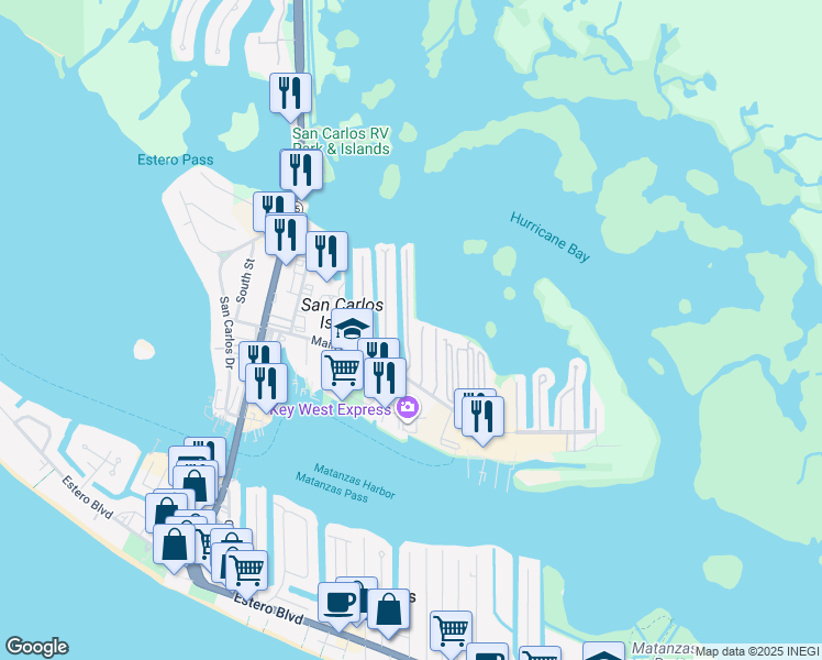 map of restaurants, bars, coffee shops, grocery stores, and more near 21 Helen Lane in Fort Myers Beach