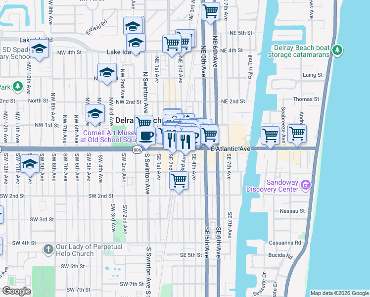 map of restaurants, bars, coffee shops, grocery stores, and more near 298 E Atlantic Ave in Delray Beach